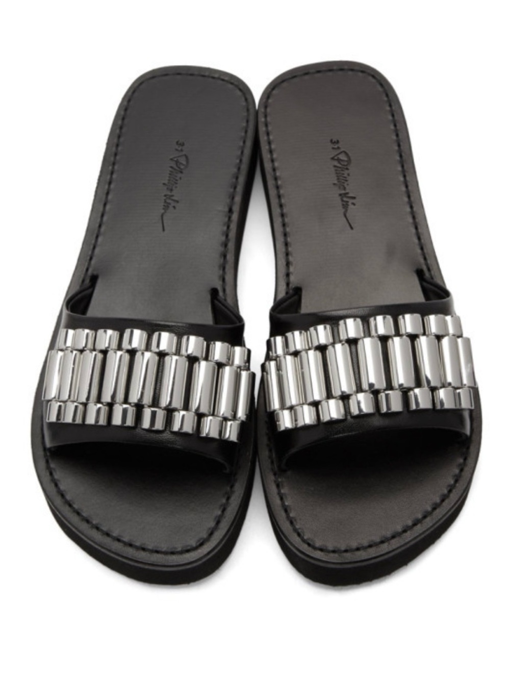 3.1 Phillip Lim Black Slide Sandals with Silver Tube Embellishments - brand new